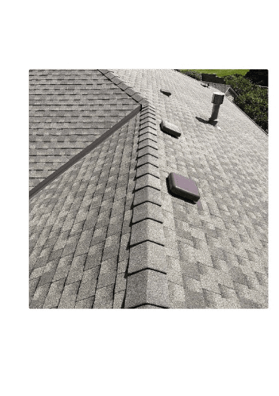 Close-up of GAF Timberline HDZ Weathered Wood shingles, ridge, and vents