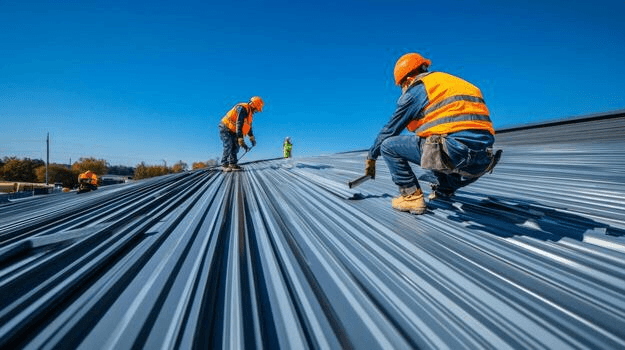 Roofing professionals installing metal panels on a large industrial roof