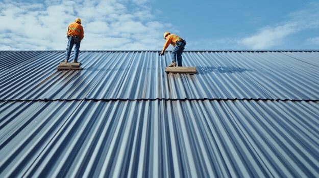 Crew installing corrugated metal roofing panels under a clear blue sky