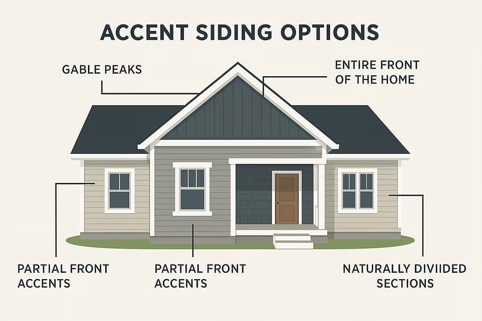 Diagram showing accent siding options on gables, front elevations, and porch walls