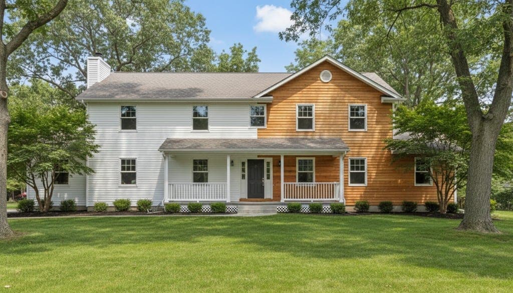 Side-by-side comparison of white and warm tan lap siding on the same home style