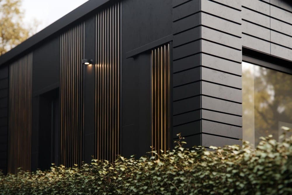 Dark fiber cement siding with wood accent slats