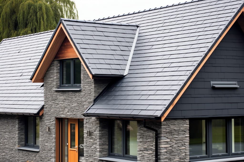 Modern home with dark slate-style tile roofing, stone walls, and wood fascia